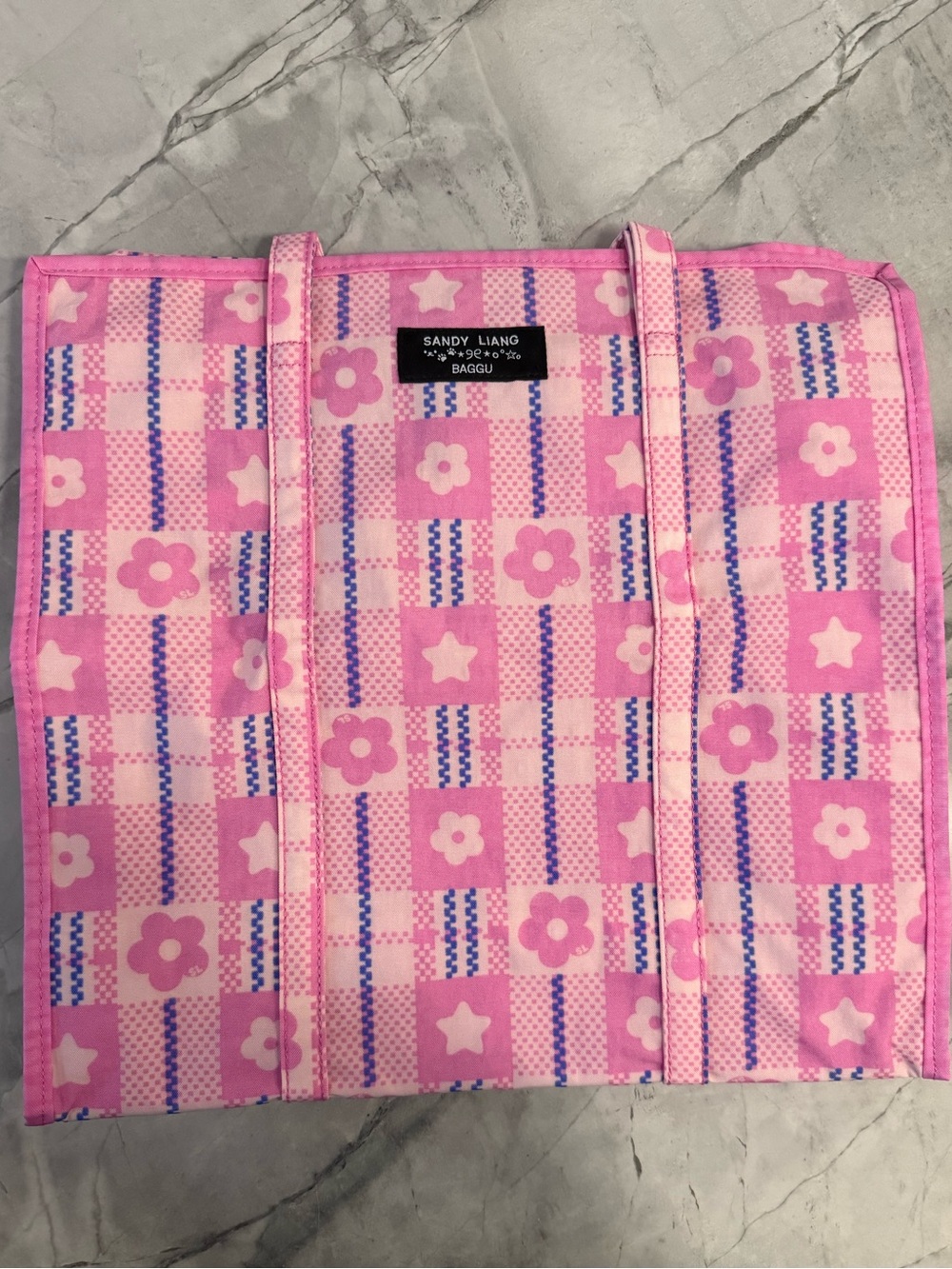 Sandy Liang x Baggu Pink Floral Checkered Tote Bag